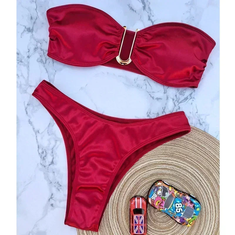 Women’s Summer Push-Up Bandeau Bikini Set – Solid Color Swimwear