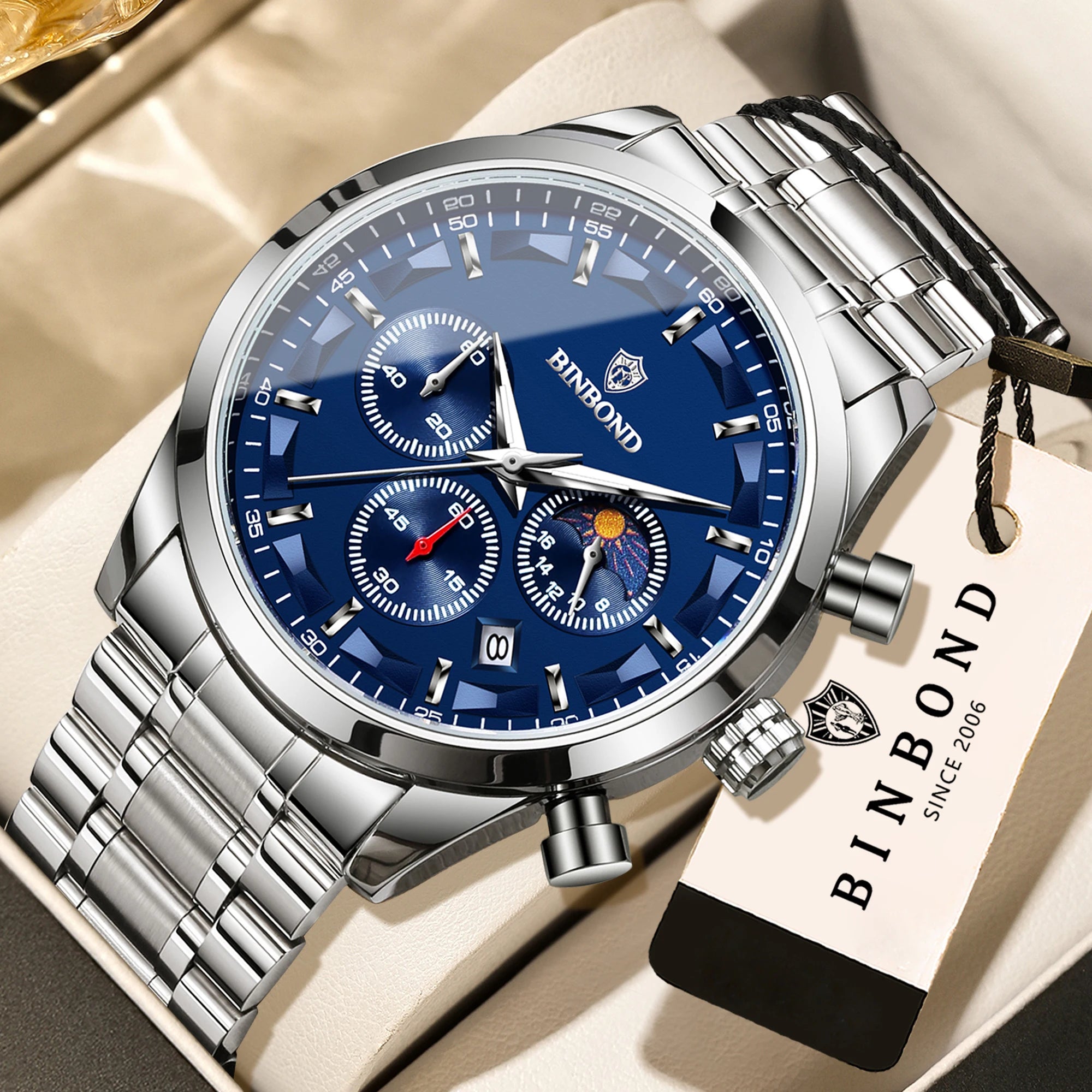 BINBOND Men’s Quartz Watch — luxury design with luminous hands, chronograph function, and auto date, combining business elegance with sporty style