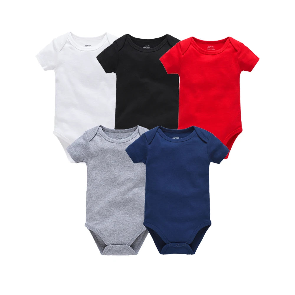5PCS Baby Bodysuit Set – 100% Cotton Solid Black Rompers for Newborn Boys