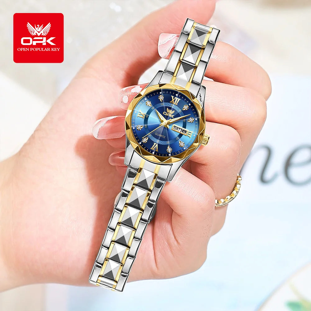 OPK Brand women's steel strip quartz watch dual calendar waterproof night light 6023