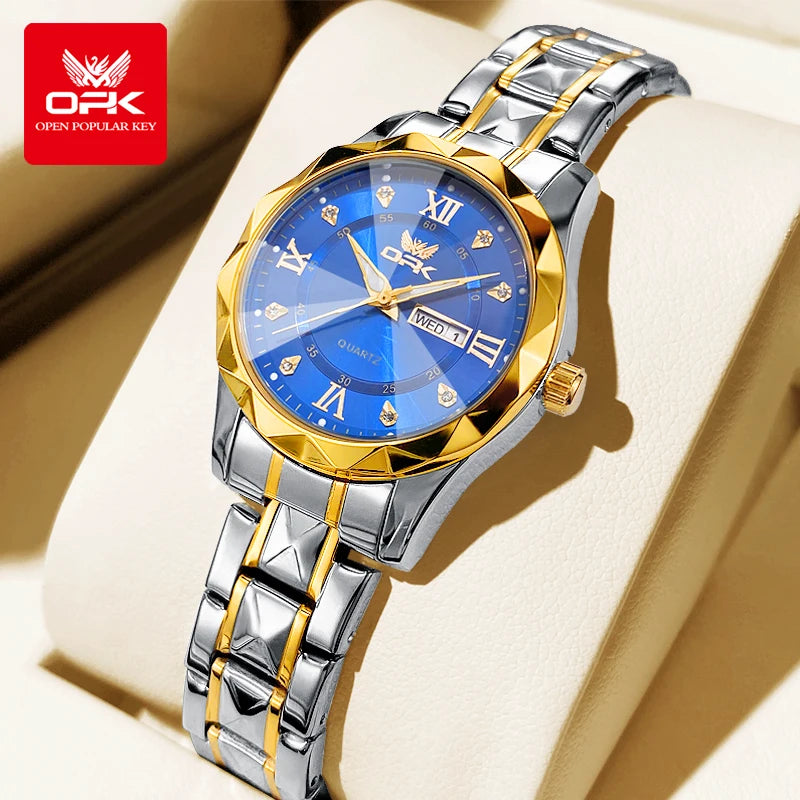 OPK Brand women's steel strip quartz watch dual calendar waterproof night light 6023