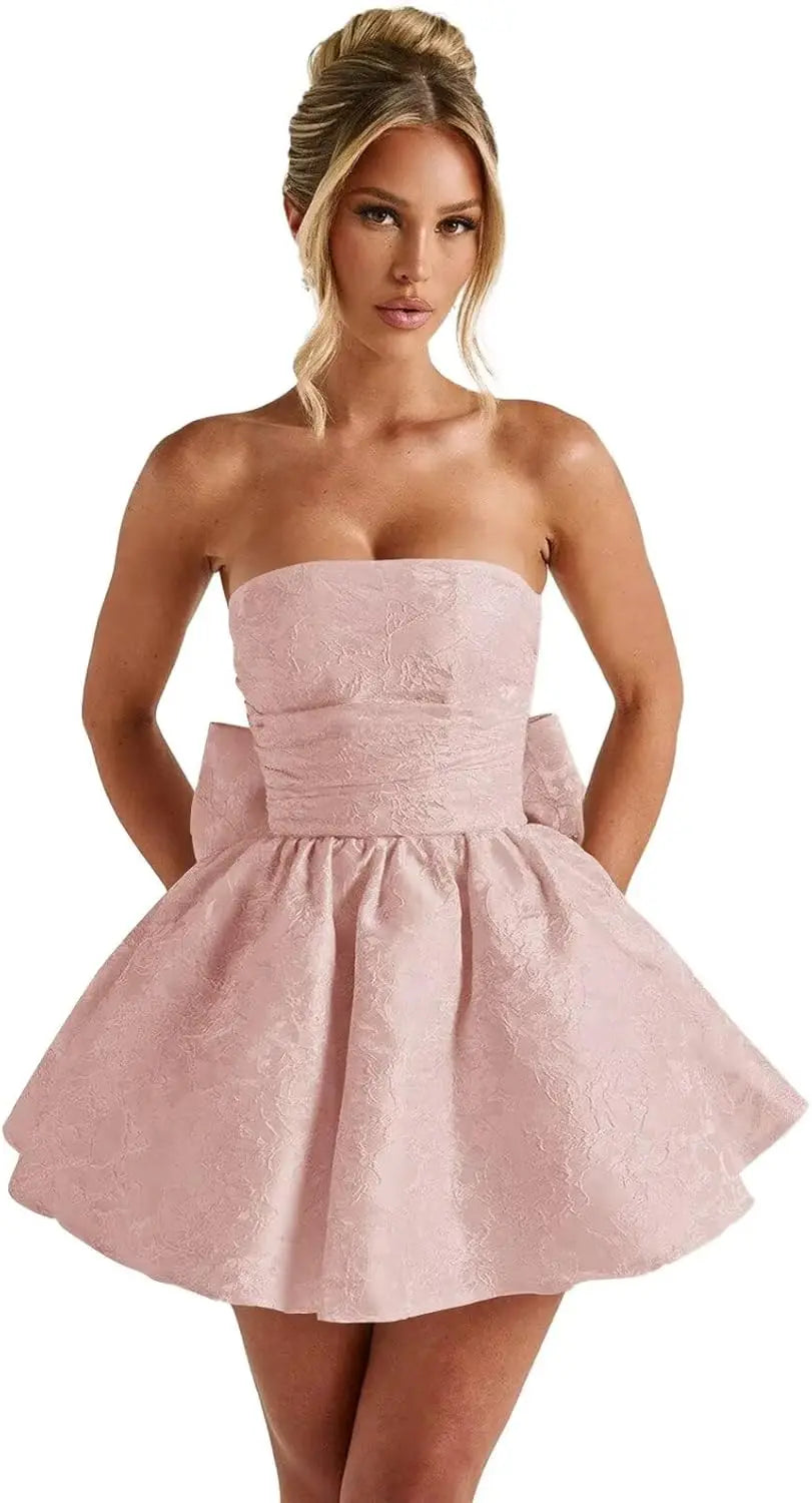 Make a dazzling entrance in this elegant strapless homecoming dress