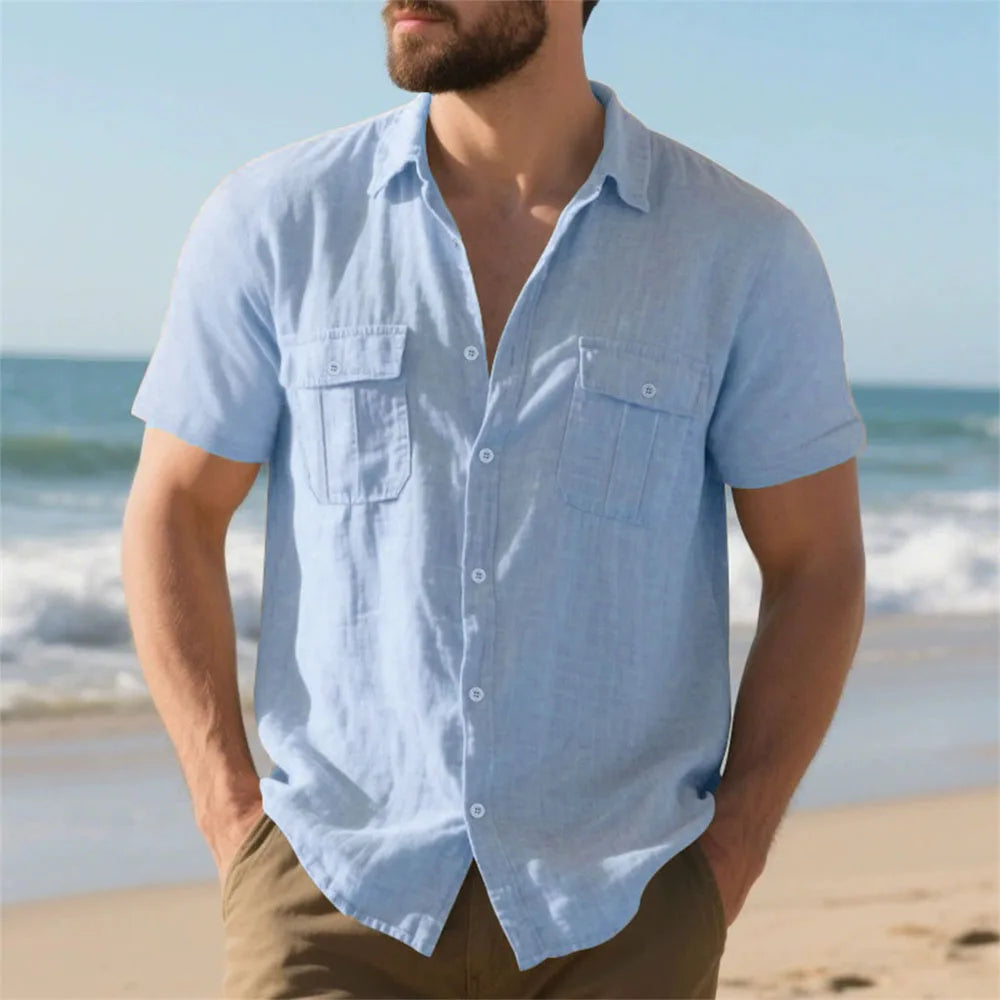 Summer Men’s Cotton Linen Short Sleeve Shirt – Casual Beach & Vacation Style