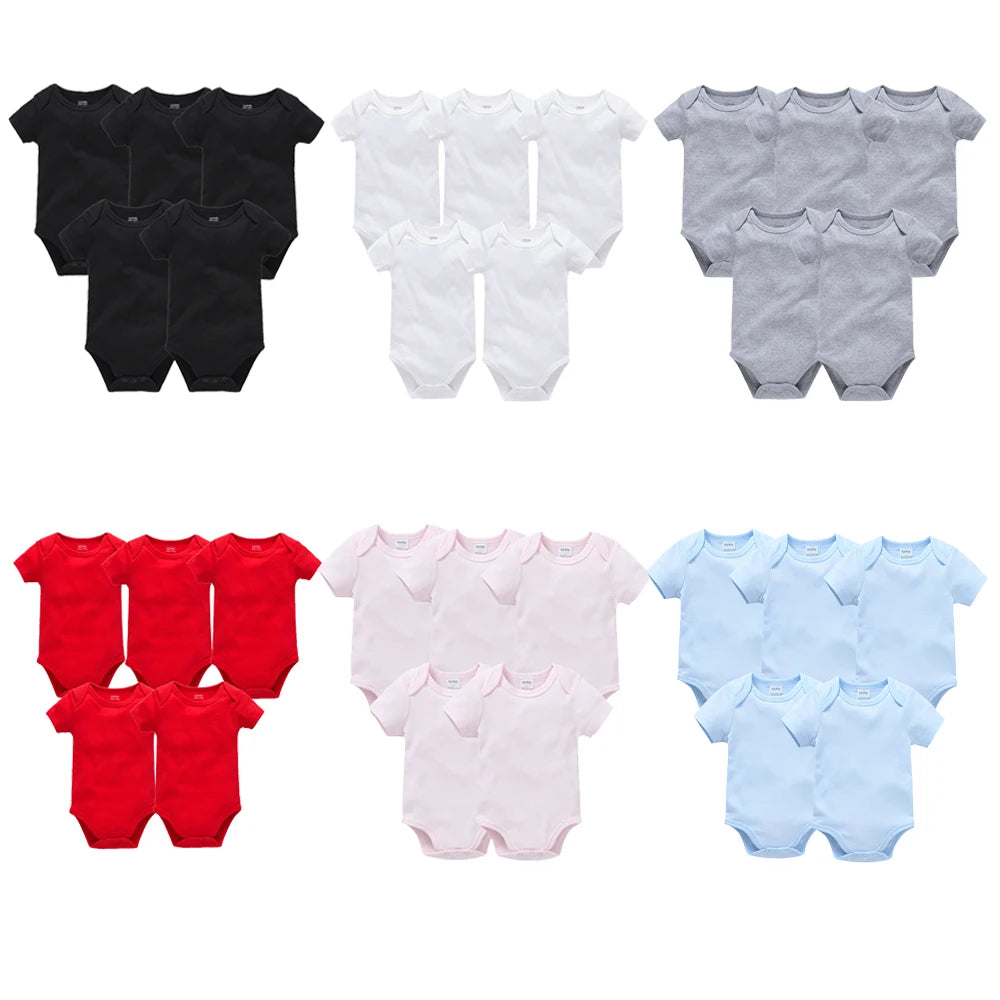 5PCS Baby Bodysuit Set – 100% Cotton Solid Black Rompers for Newborn Boys