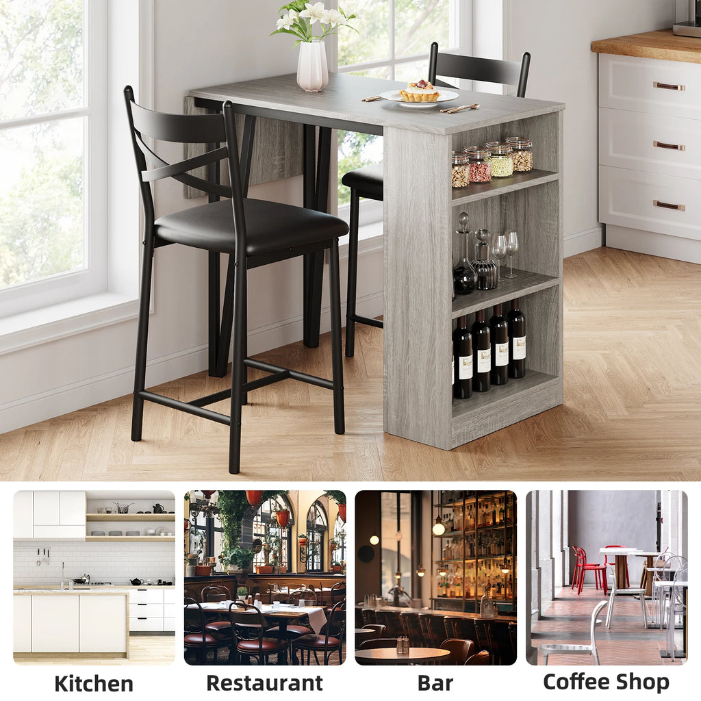 3-Piece Dining Room Table Set with 2 Upholstered Chairs & Storage Shelves, Space-Saving Breakfast Nook & Coffee Bar Table for Small Spaces