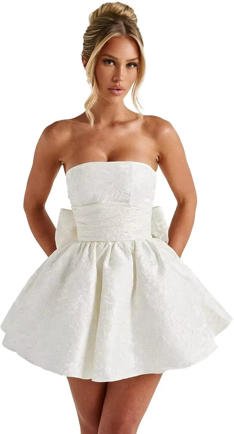 Make a dazzling entrance in this elegant strapless homecoming dress