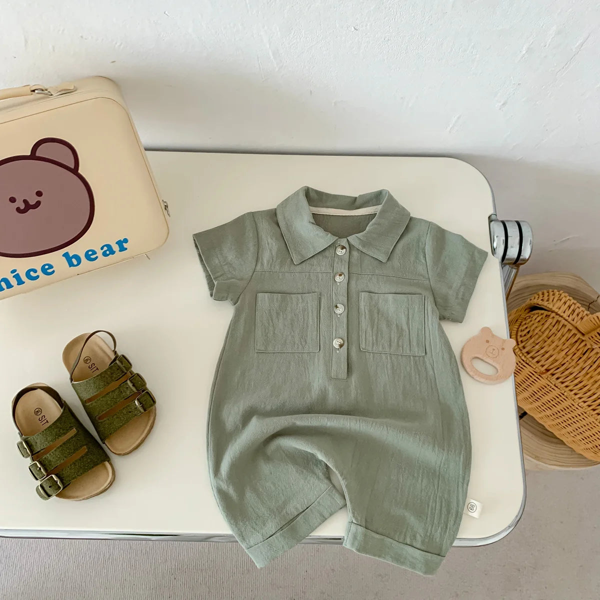 Solid Color Baby Romper – Summer Short Sleeve Creeper with Pocket for Infants