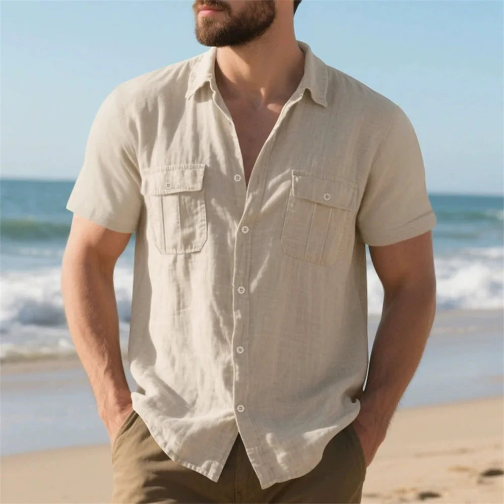 Summer Men’s Cotton Linen Short Sleeve Shirt – Casual Beach & Vacation Style