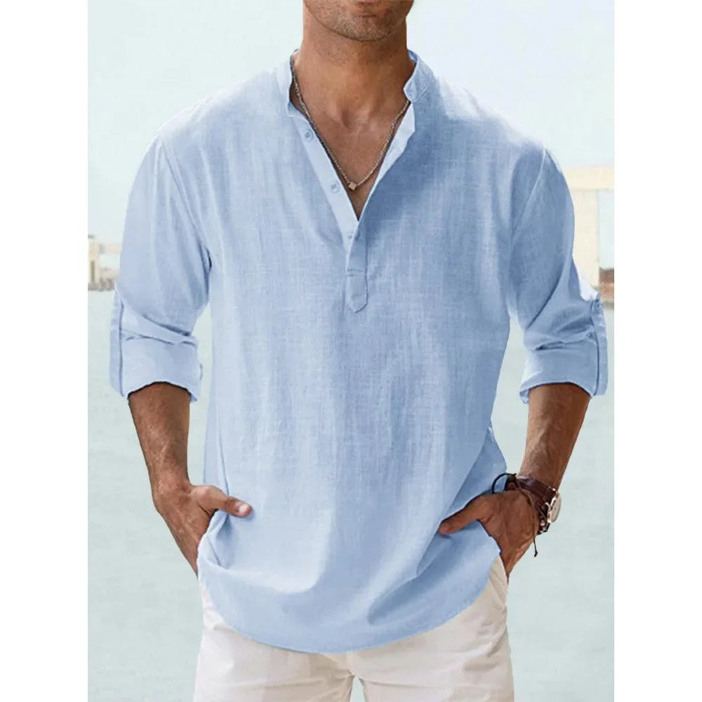 Men’s Cotton Linen Short-Sleeve Shirt – Hawaiian Vacation Style