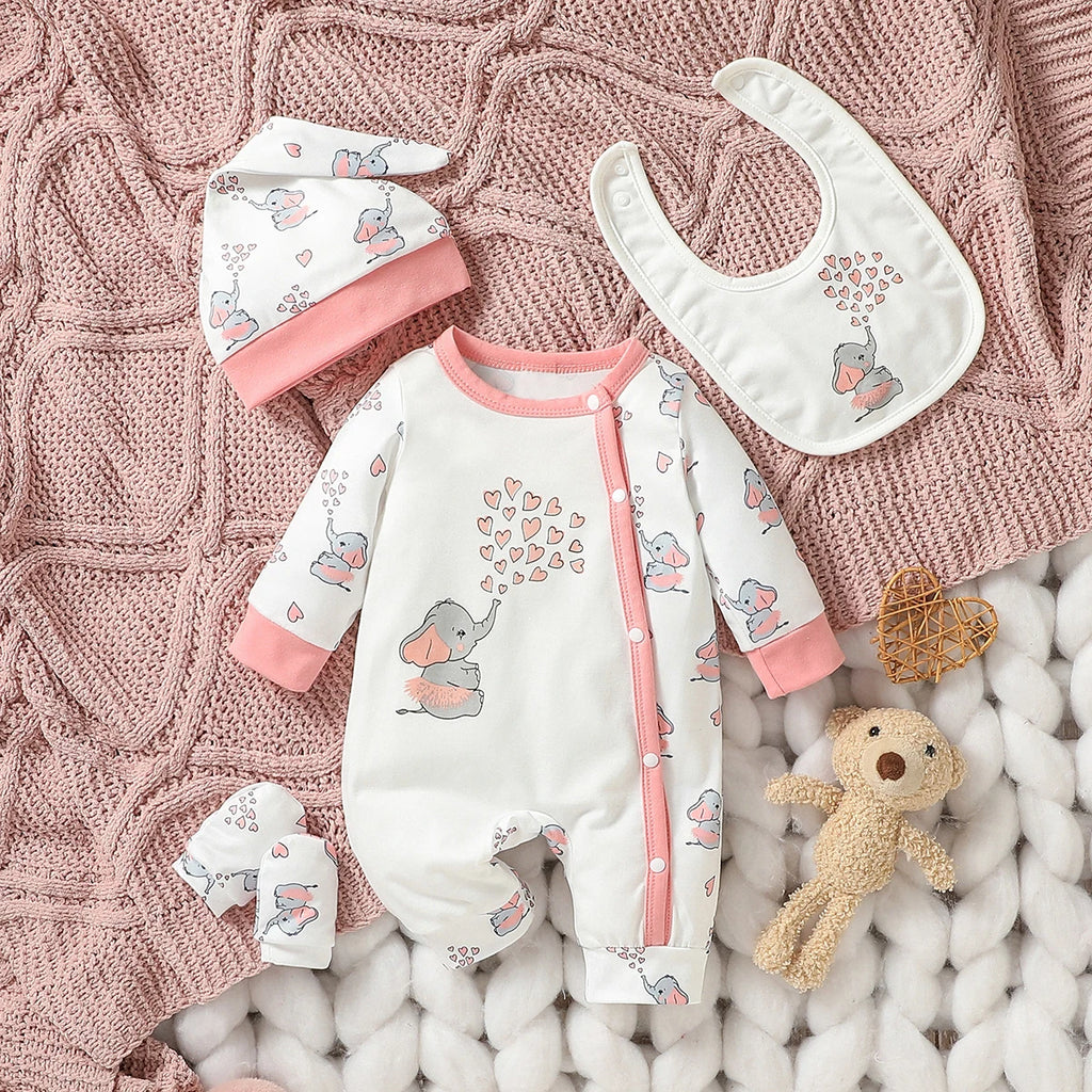 4PCS Baby Animal Print Set – Long Sleeve Romper with Bib, Hat & Gloves
