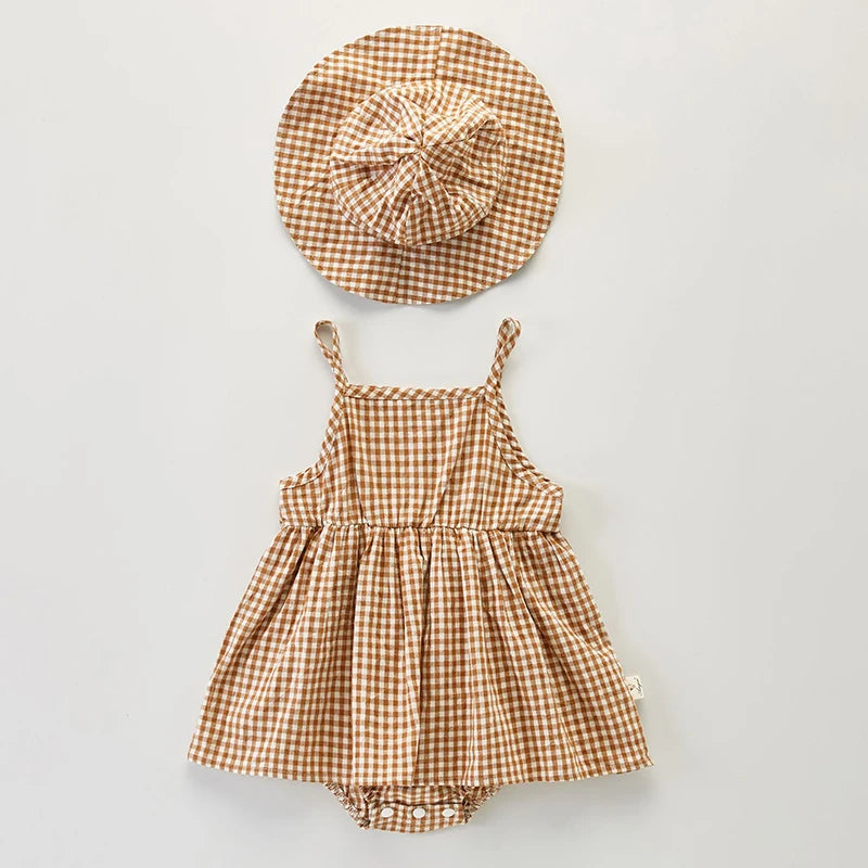 Baby Girl Plaid Romper with Hat – Sleeveless Cotton Summer Outfit