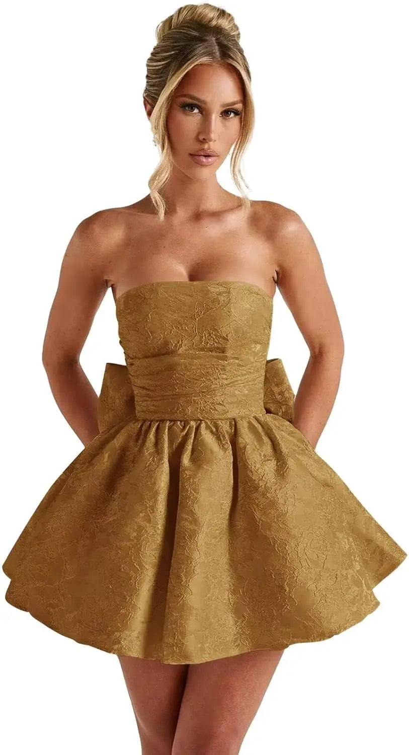 Make a dazzling entrance in this elegant strapless homecoming dress