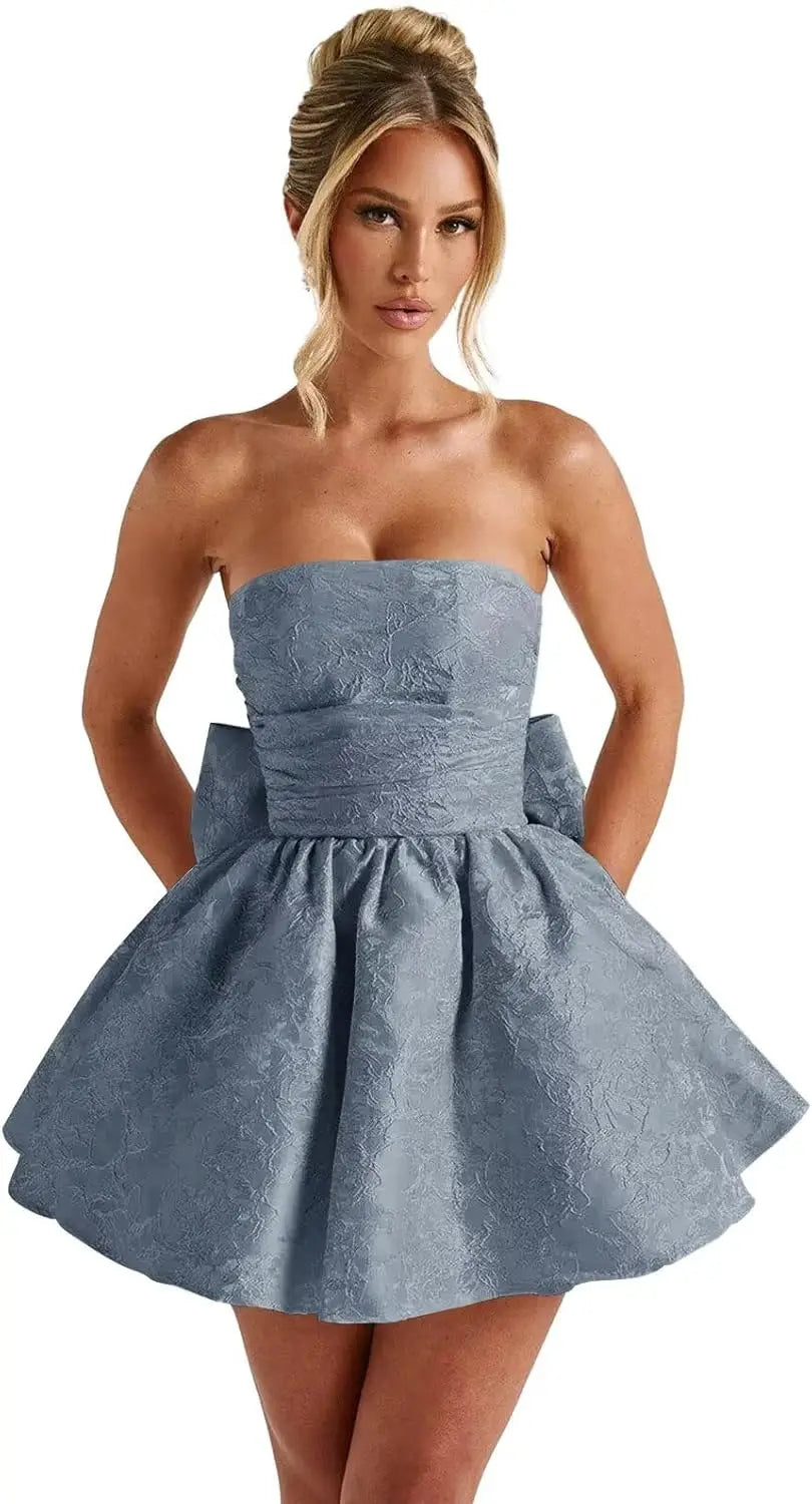 Make a dazzling entrance in this elegant strapless homecoming dress