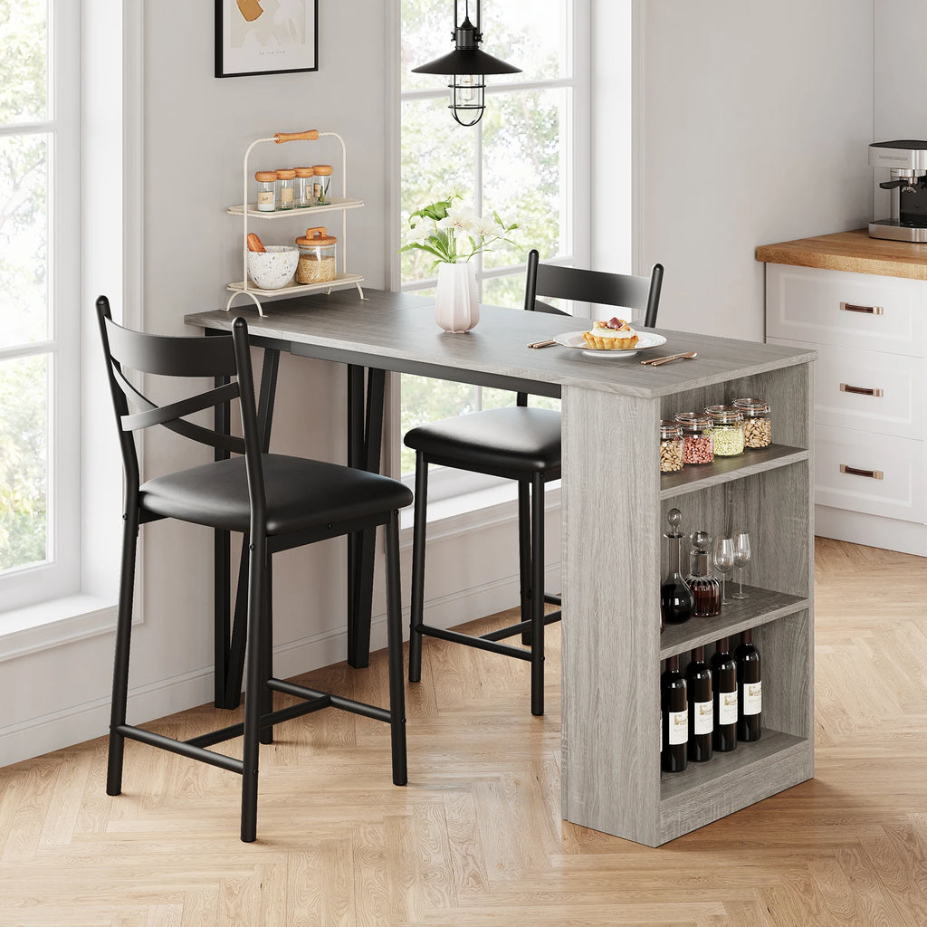 3-Piece Dining Room Table Set with 2 Upholstered Chairs & Storage Shelves, Space-Saving Breakfast Nook & Coffee Bar Table for Small Spaces
