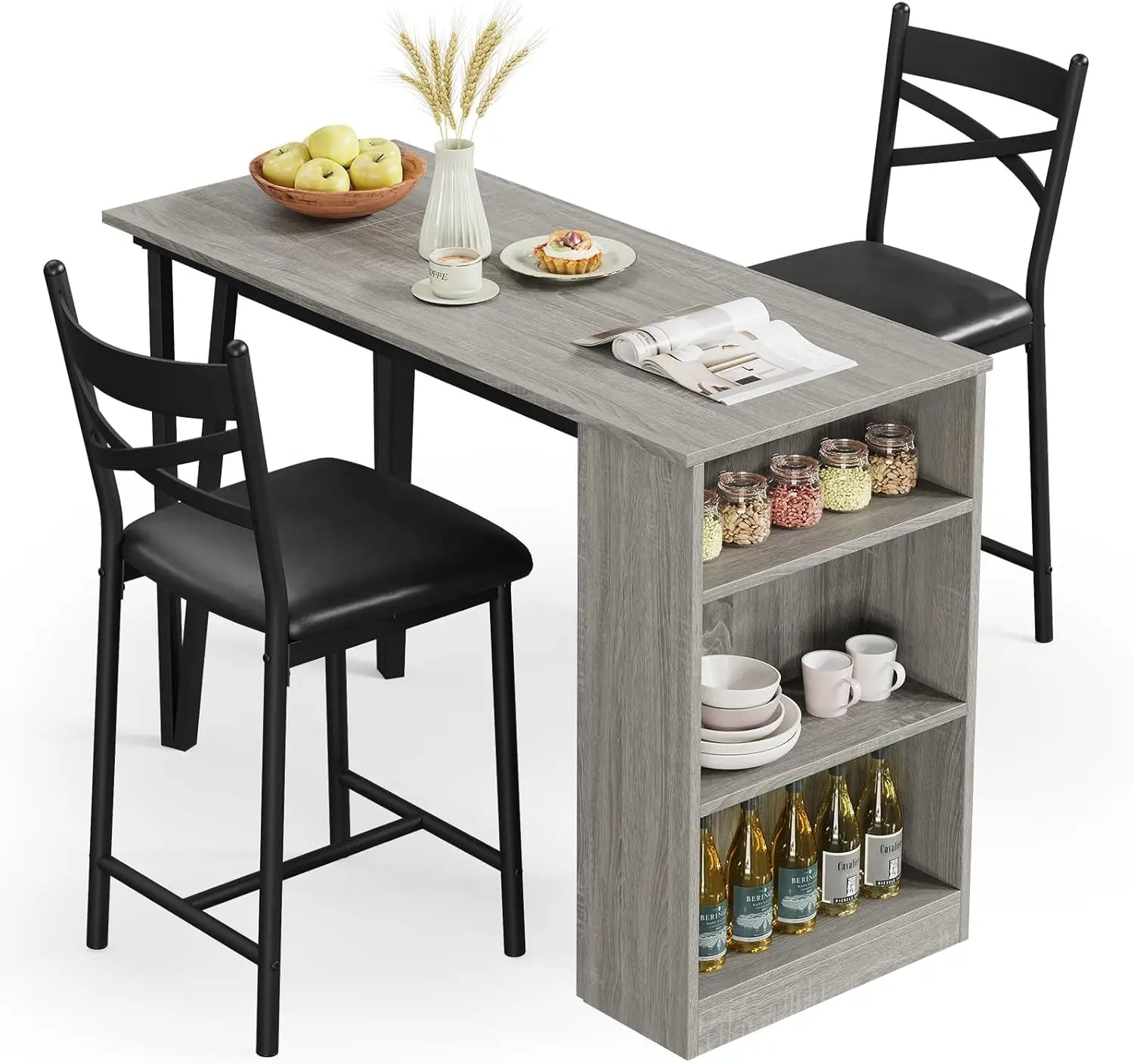 3-Piece Dining Room Table Set with 2 Upholstered Chairs & Storage Shelves, Space-Saving Breakfast Nook & Coffee Bar Table for Small Spaces