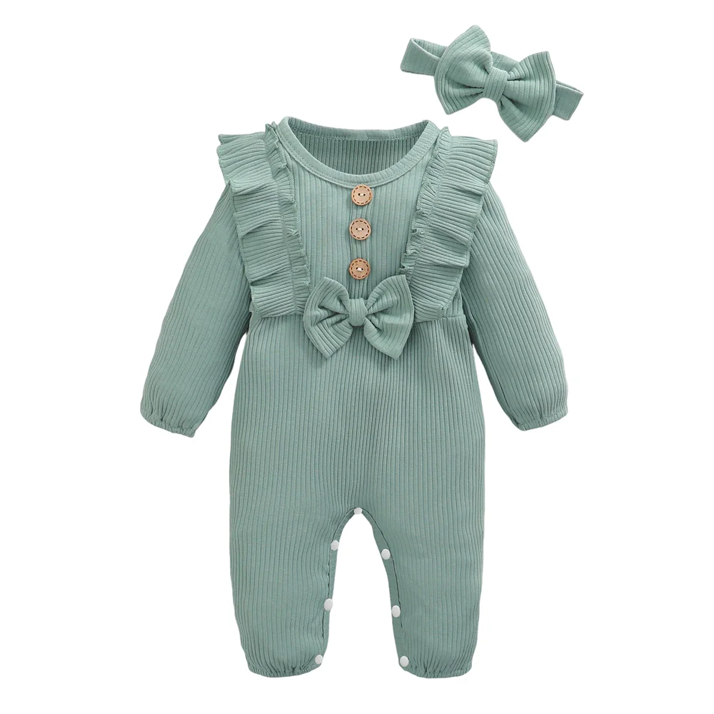 Baby Girl Ruffle Romper Set – Long Sleeve Onesie with Matching Headband