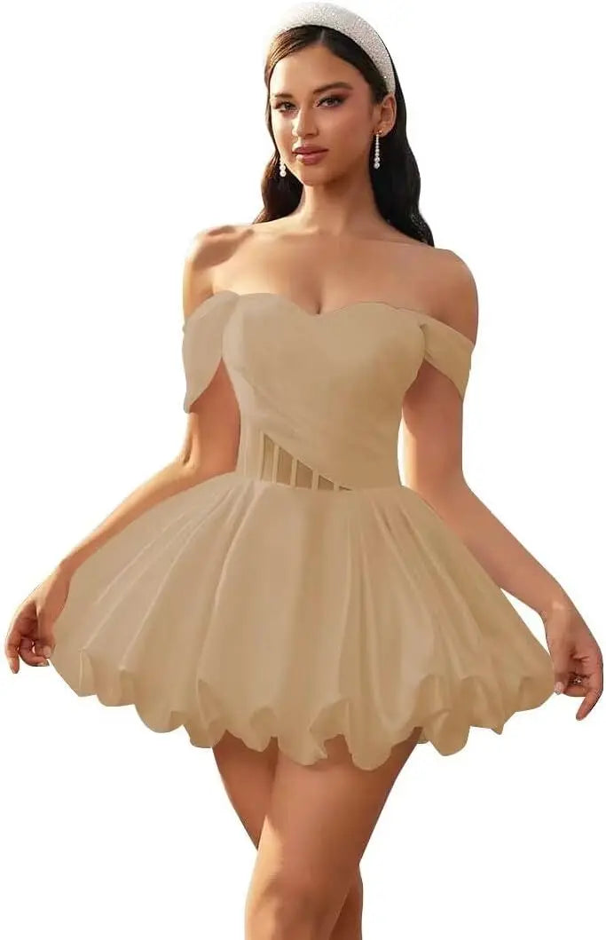 Make a graceful entrance in this elegant off-shoulder homecoming dress