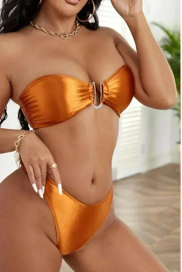 Women’s Summer Push-Up Bandeau Bikini Set – Solid Color Swimwear