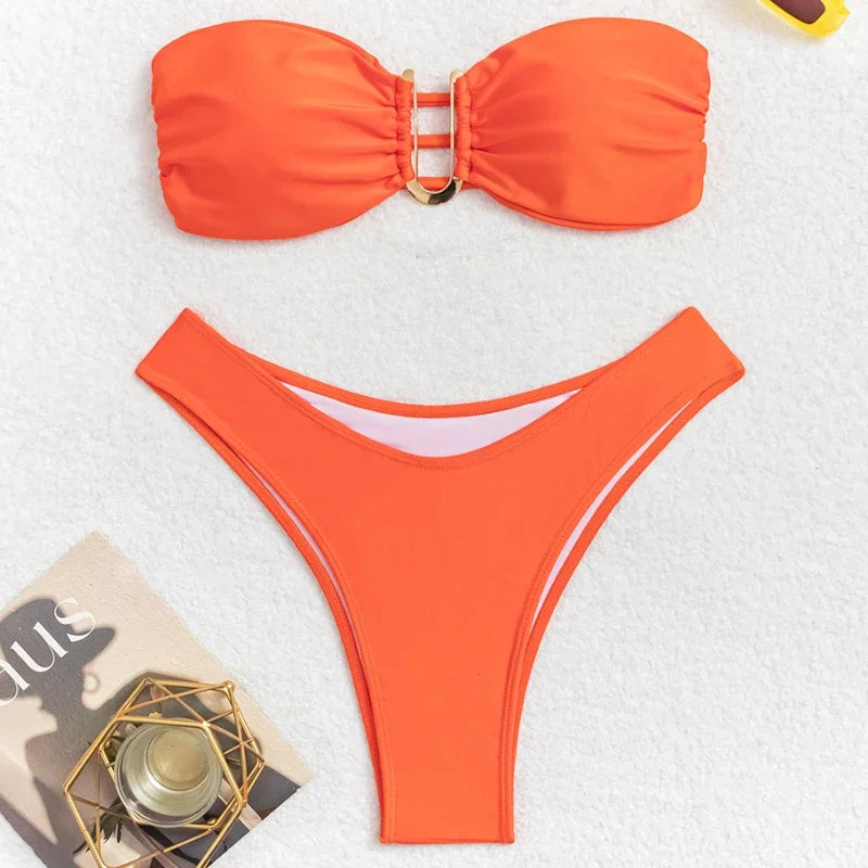 Women’s Summer Push-Up Bandeau Bikini Set – Solid Color Swimwear