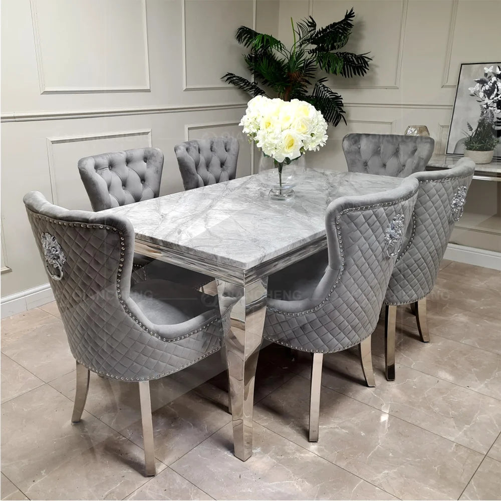 Wholesale Luxury Dining Table Set with Grey Solid Marble Top & 6 Grey Knocker Chairs, Stainless Steel Chrome Dining Table Set