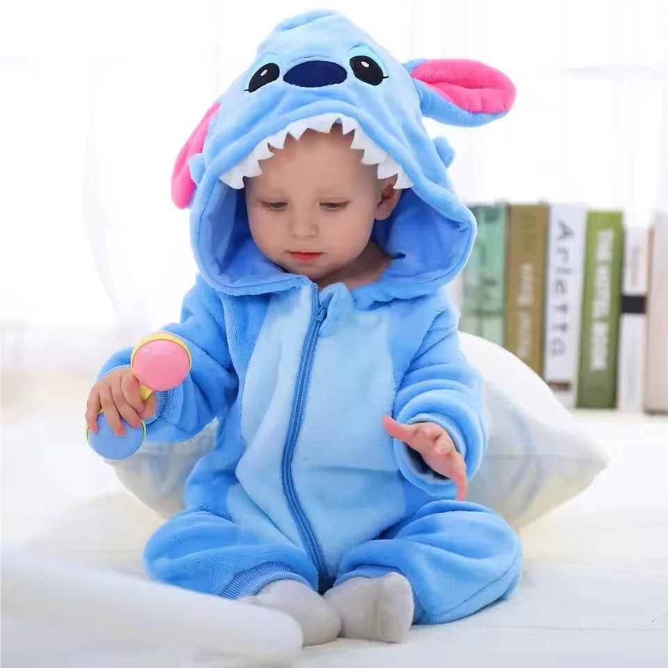 Winter Baby Stitch Romper – Hooded Flannel Cosplay Jumpsuit for Kids
