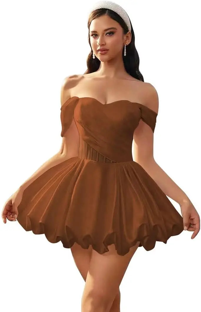 Make a graceful entrance in this elegant off-shoulder homecoming dress