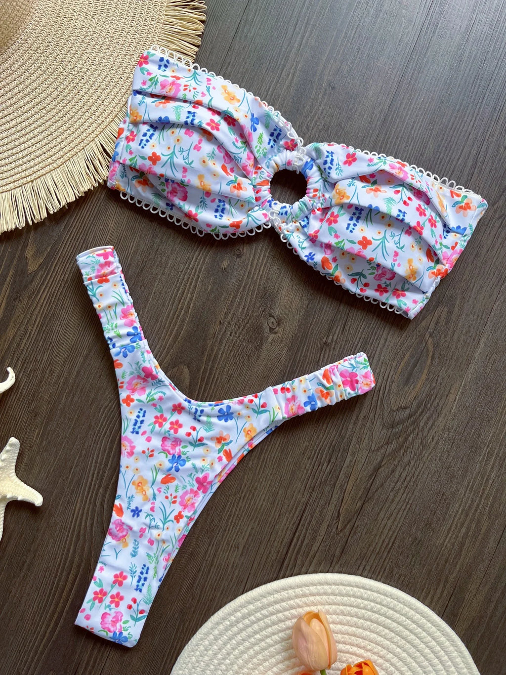 Women’s Floral Bandeau Bikini Set – High-Leg Thong Swimwear