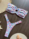 Women’s Floral Bandeau Bikini Set – High-Leg Thong Swimwear