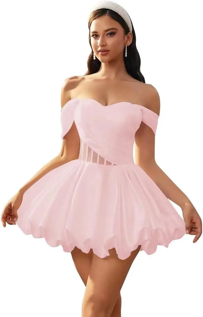 Make a graceful entrance in this elegant off-shoulder homecoming dress