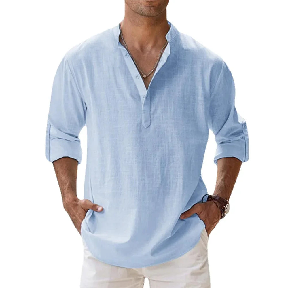 Men’s Cotton Linen Short-Sleeve Shirt – Hawaiian Vacation Style