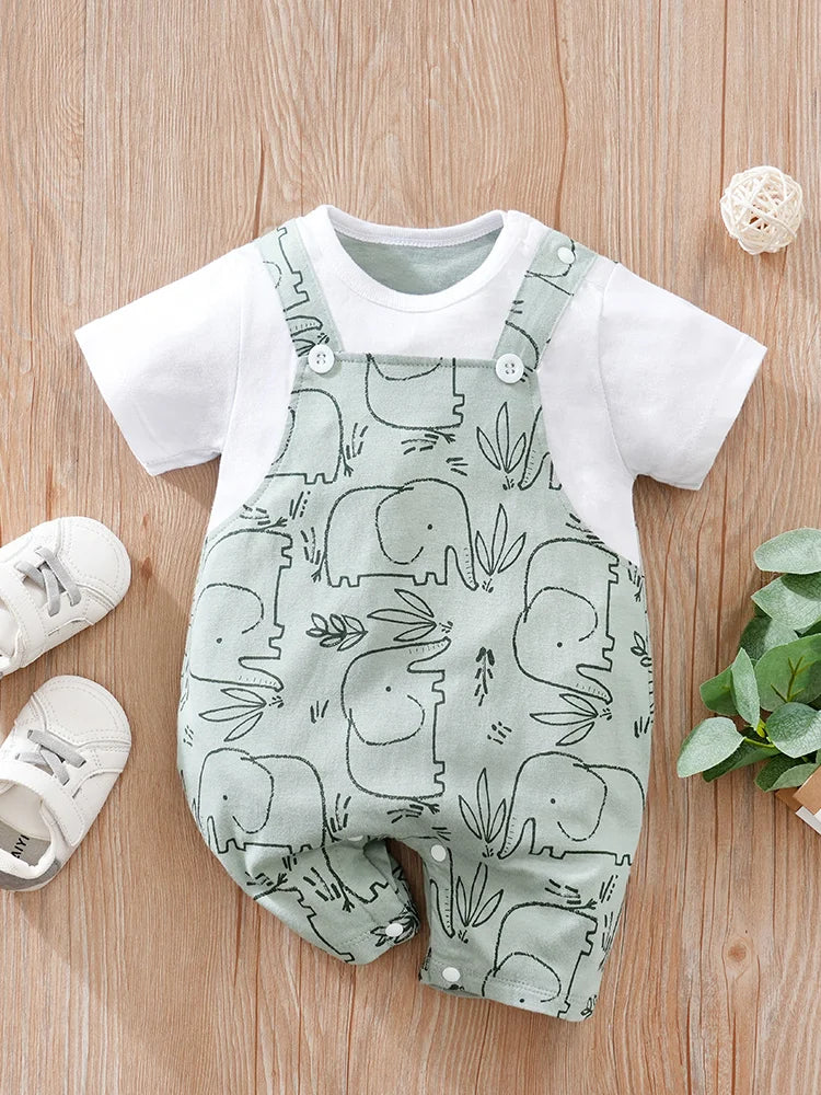 Summer Newborn Baby Bodysuit – Cute Cartoon Elephant Print Cotton Outfit for Boys & Girls