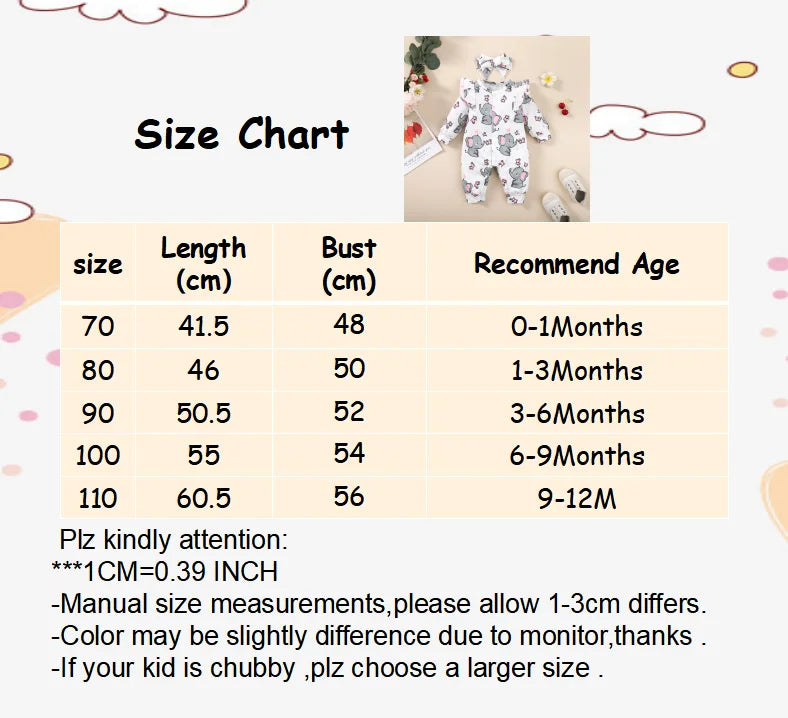 Baby Girl Elephant Outfit – Long Sleeve Casual Romper with Matching Headband
