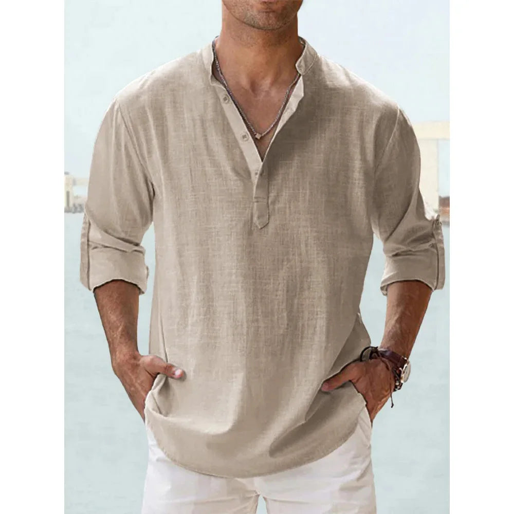 Men’s Cotton Linen Short-Sleeve Shirt – Hawaiian Vacation Style