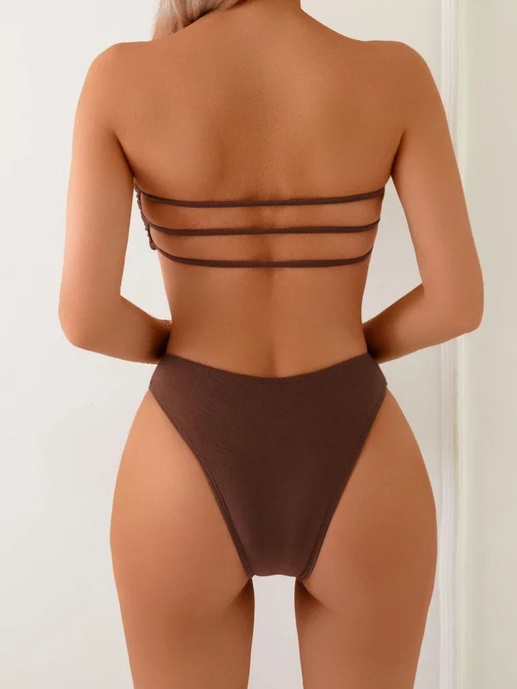 Women’s Summer Push-Up Bandeau Bikini Set – Solid Color Swimwear