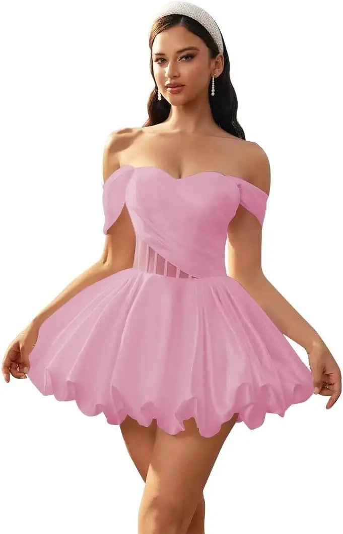 Make a graceful entrance in this elegant off-shoulder homecoming dress