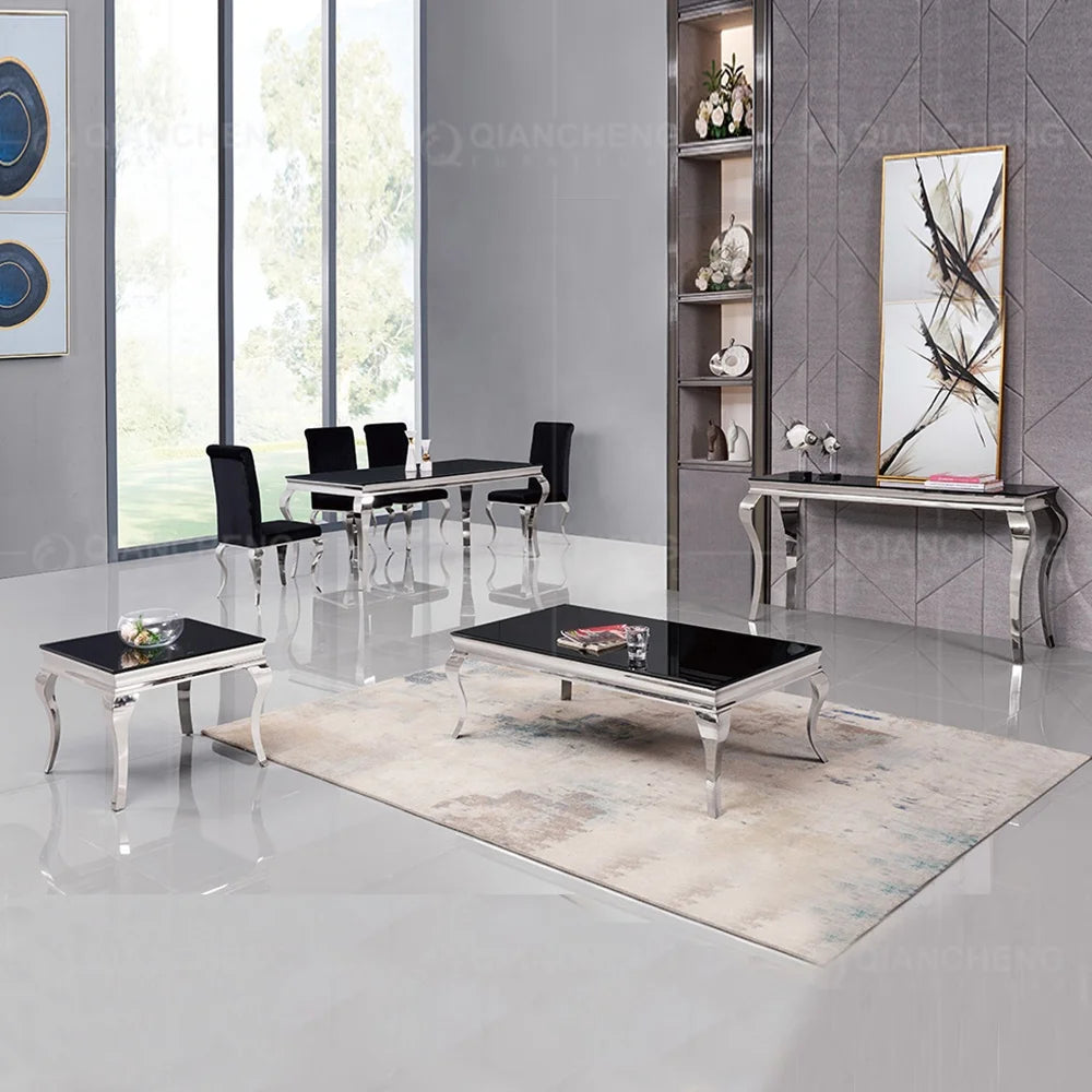 Wholesale Luxury Dining Table Set with Grey Solid Marble Top & 6 Grey Knocker Chairs, Stainless Steel Chrome Dining Table Set