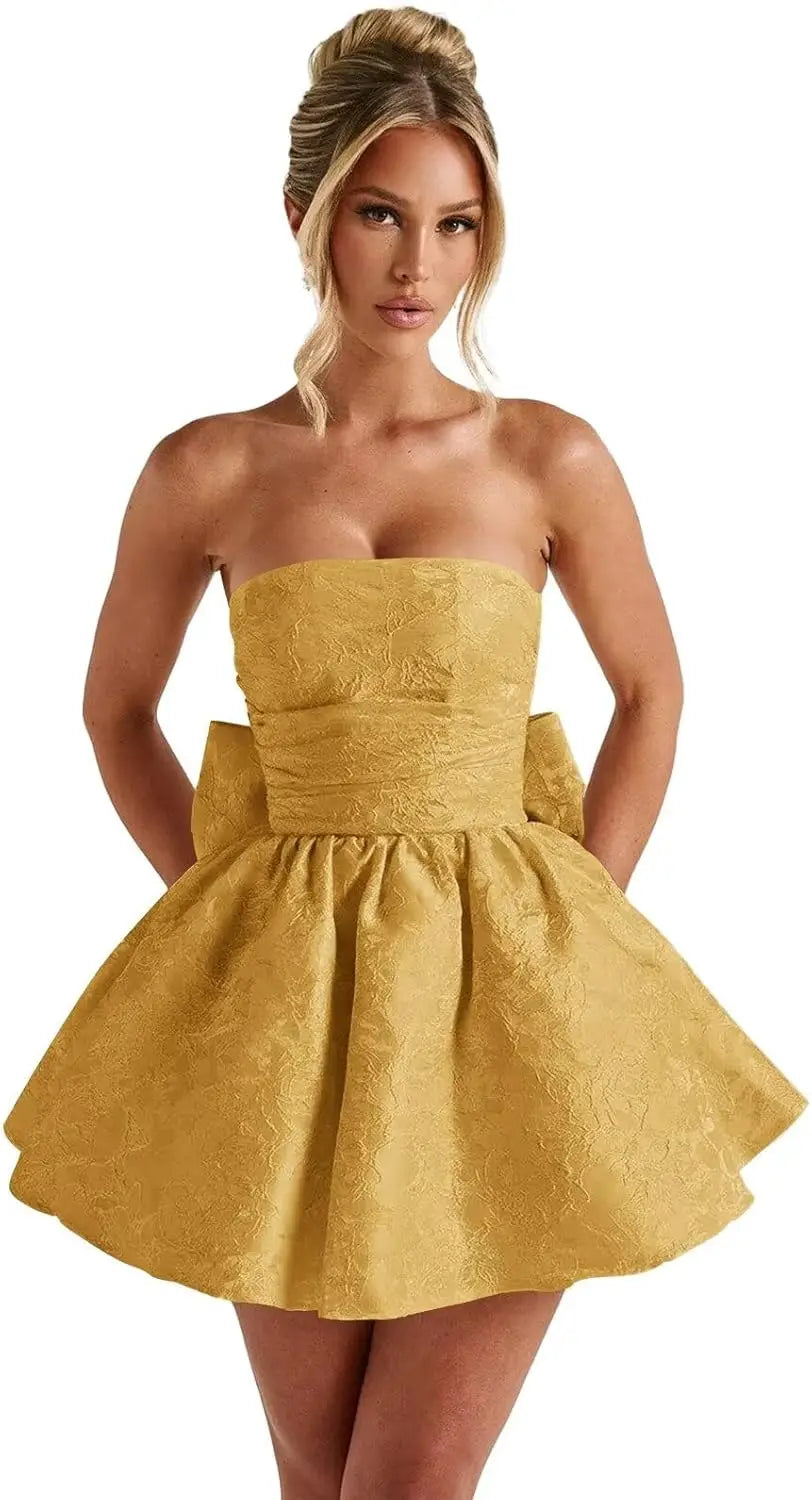 Make a dazzling entrance in this elegant strapless homecoming dress