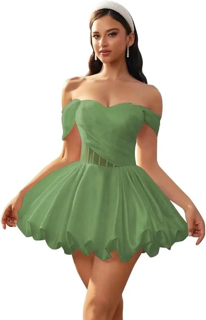 Make a graceful entrance in this elegant off-shoulder homecoming dress