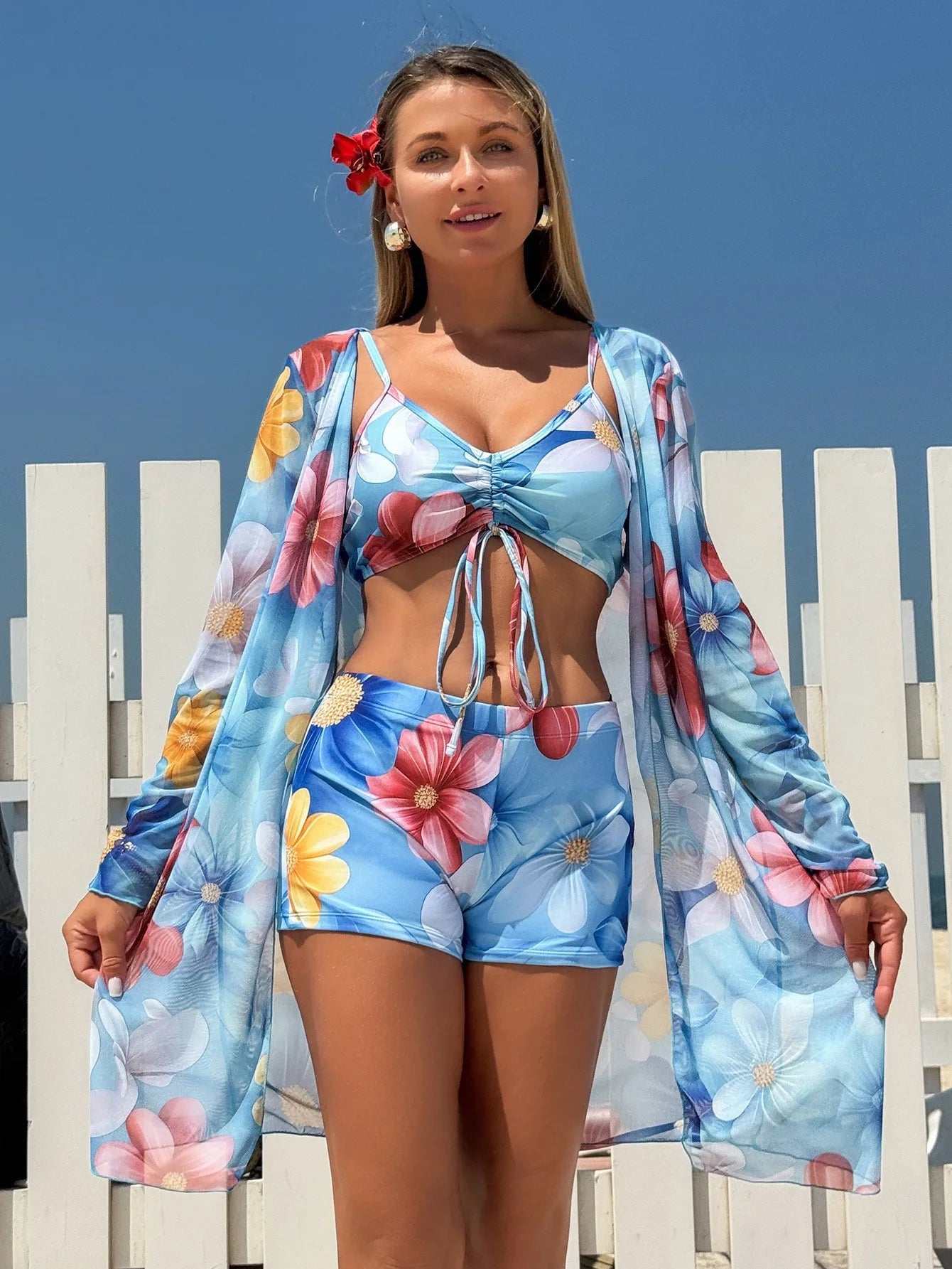 Women’s 3-Piece Bikini Set – High Waist Swimwear with Cover-Up