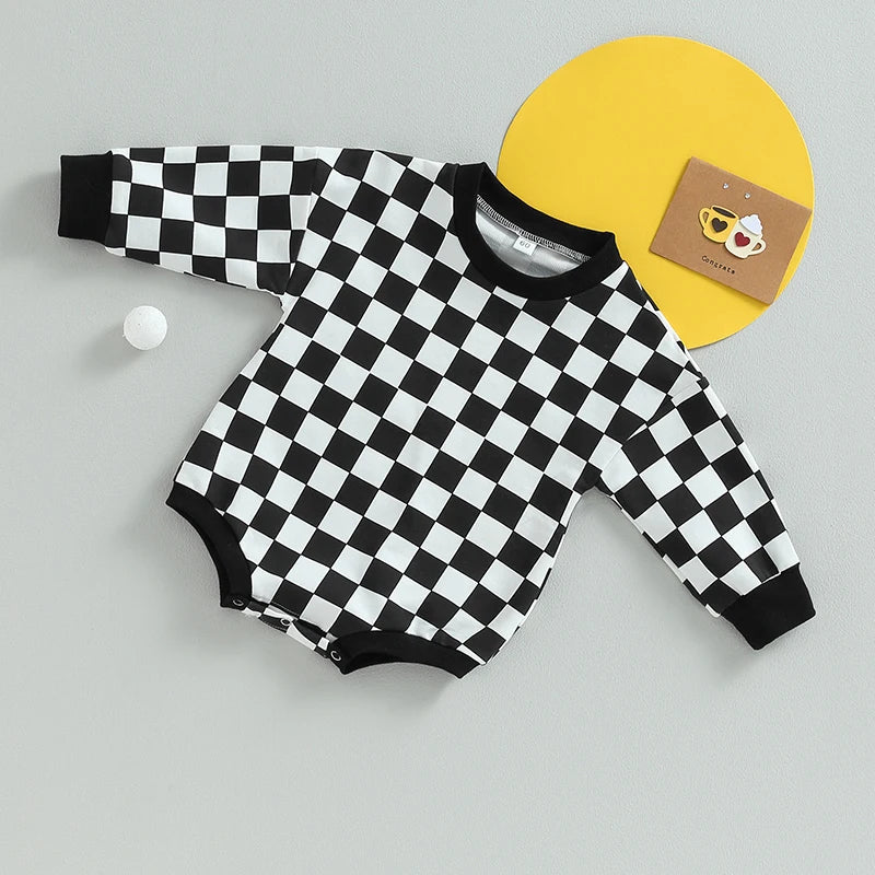 Checkered Baby Sweatshirt Romper – Oversized Long Sleeve Bubble Jumpsuit for Boys & Girls