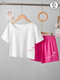Girls Summer Homewear Set – Letter & Bow Print Top with Shorts