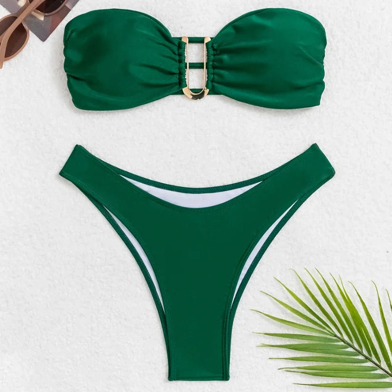 Women’s Summer Push-Up Bandeau Bikini Set – Solid Color Swimwear