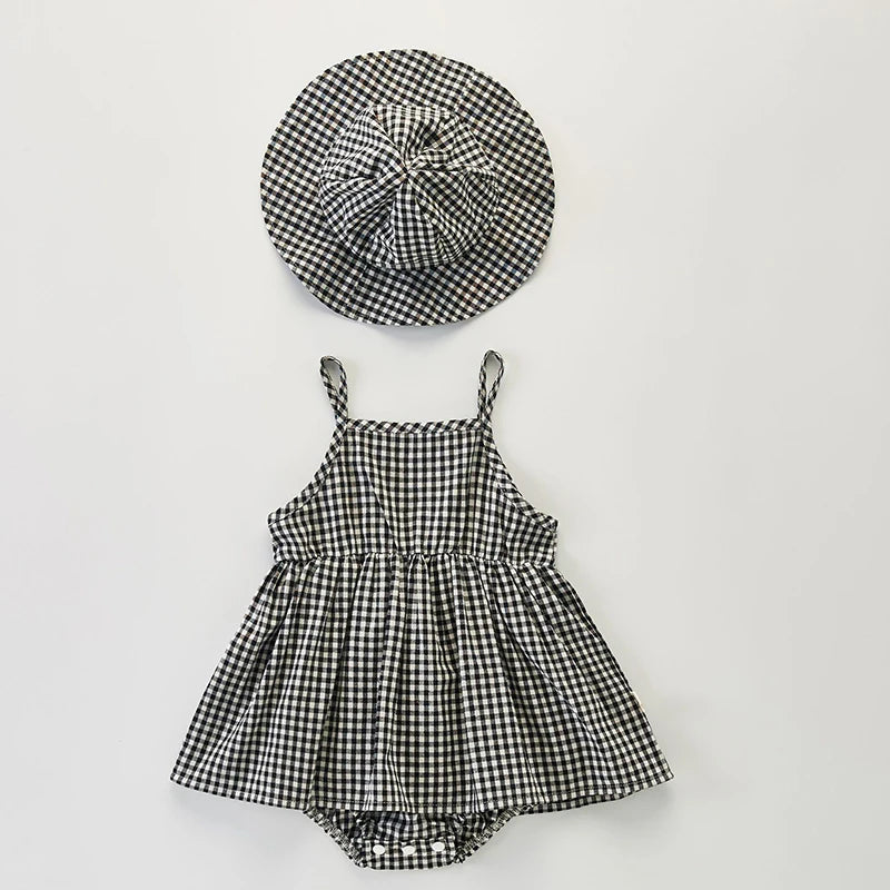 Baby Girl Plaid Romper with Hat – Sleeveless Cotton Summer Outfit