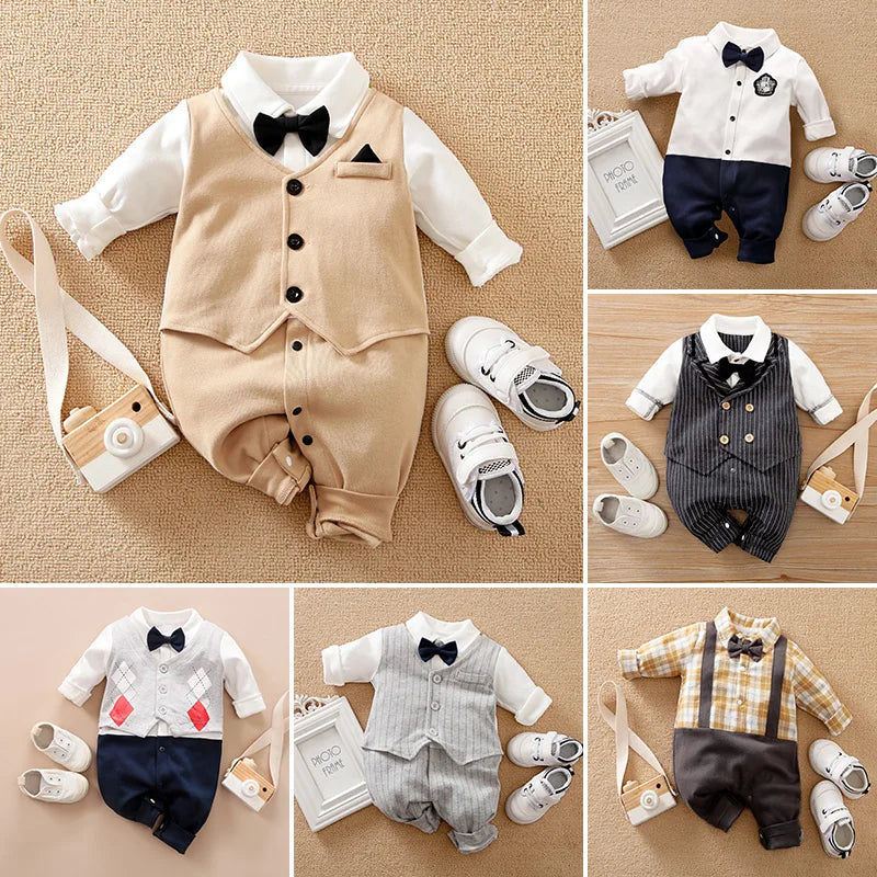Handsome Gentleman Baby Romper – Soft Cotton Long Sleeve Bodysuit for Newborns