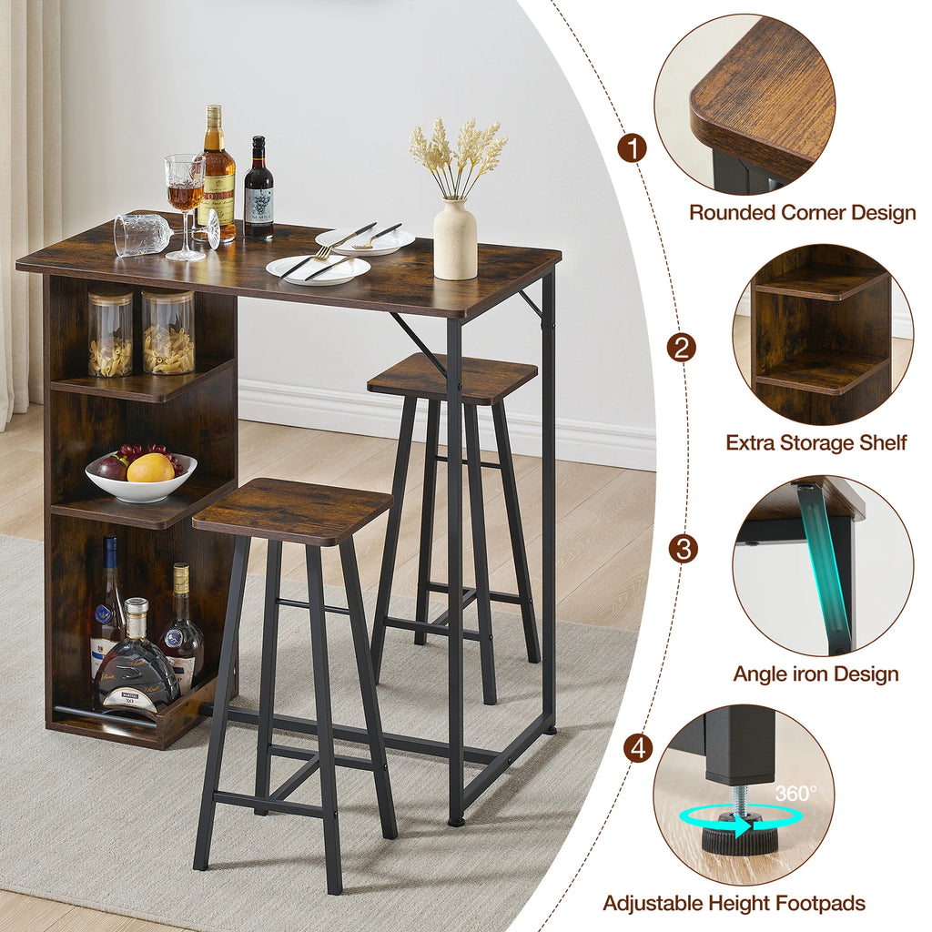 3-Piece Small Bar Table and Chairs Set for 2 with 3-Tier Storage Shelves, Space-Saving Kitchen & Dining Table Set for Small Rooms