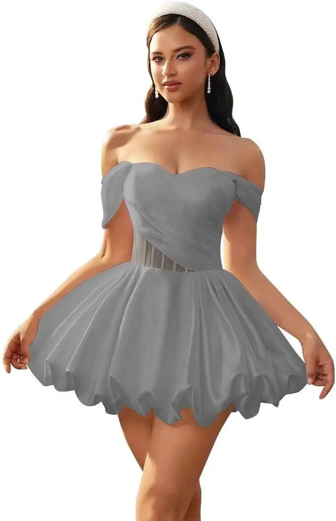 Make a graceful entrance in this elegant off-shoulder homecoming dress