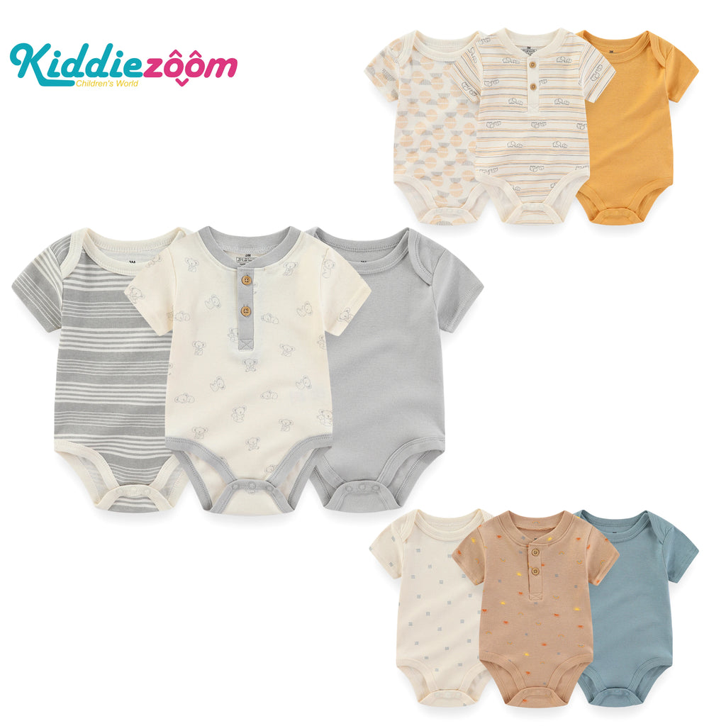 3PCS Cartoon Baby Bodysuit Set – Soft Cotton Short Sleeve Outfits for Newborn Boys & Girls
