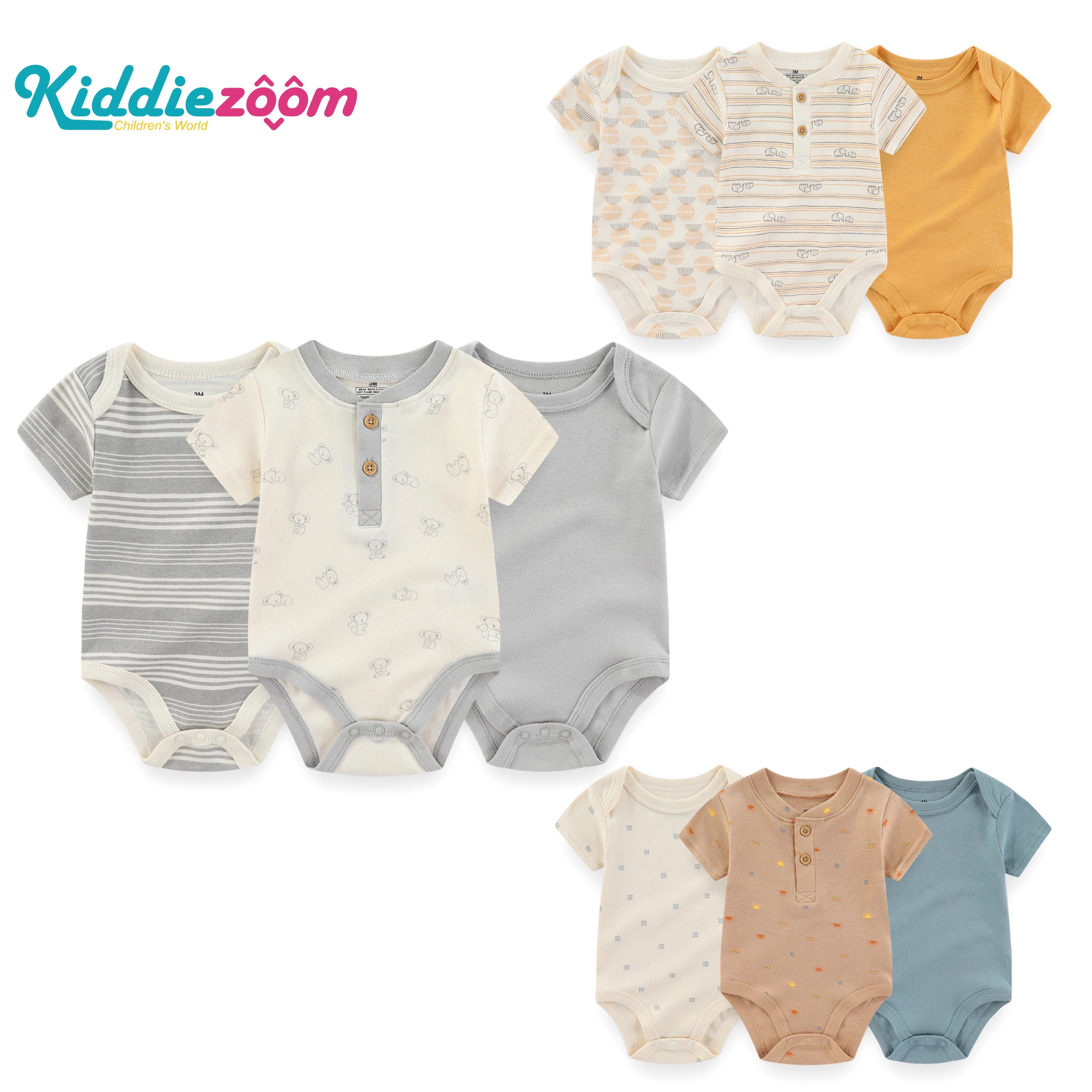 3PCS Cartoon Baby Bodysuit Set – Soft Cotton Short Sleeve Outfits for Newborn Boys & Girls