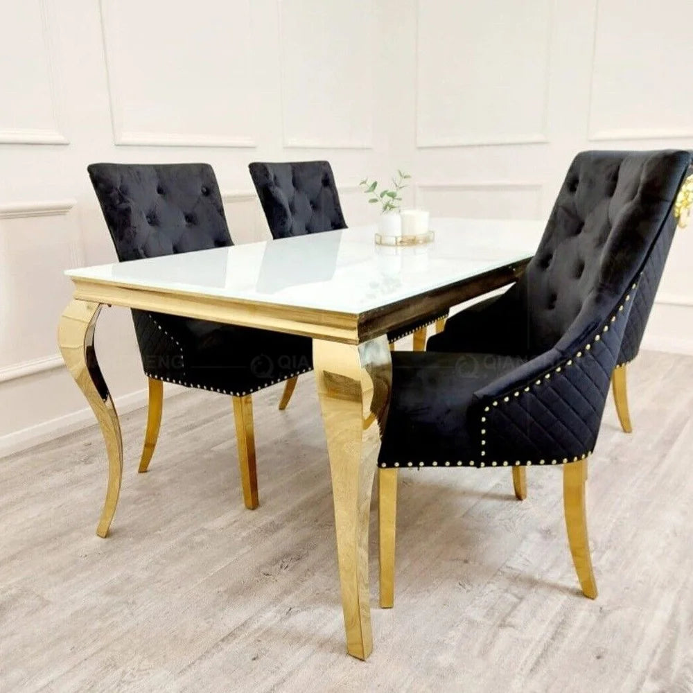 Wholesale Luxury Dining Table Set with Grey Solid Marble Top & 6 Grey Knocker Chairs, Stainless Steel Chrome Dining Table Set