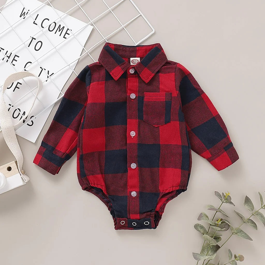 Gentleman Baby Boy Plaid Romper – Long Sleeve Lapel Shirt Jumpsuit for Toddlers
